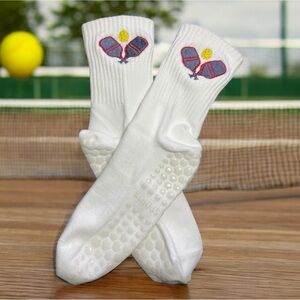 White Embroidered Pickleball Grip Socks with Custom Design